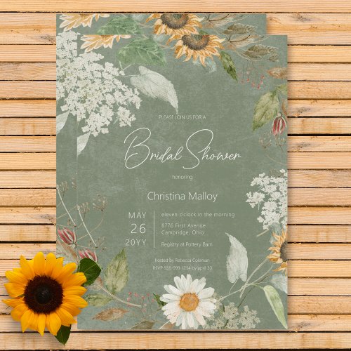 Boho Summer Sunflower  Daisy Green Bridal Shower Invitation