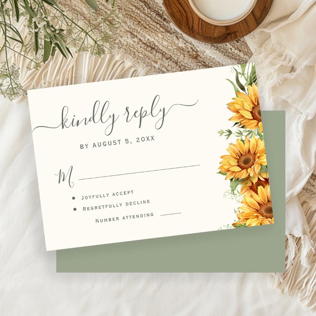 Boho summer sunflower garden sage green wedding RSVP card (Creator Uploaded)