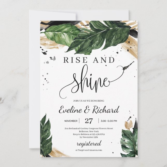 Boho summer tropical leaves gold rise and shine invitation (Front)