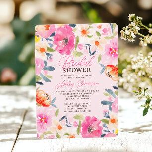 Boho Summer Watercolor Pink Floral Bridal Shower Invitation