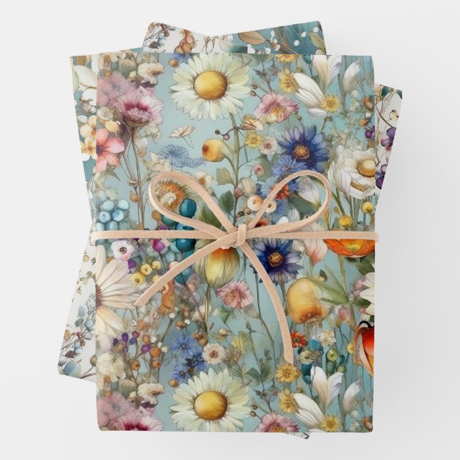 BOHO SUMMER WILDFLOWER FLORAL  WRAPPING PAPER SHEETS (In situ)