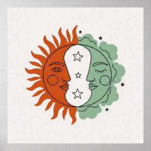Boho Sun and Moon Face Terracotta Sage Green Art Poster