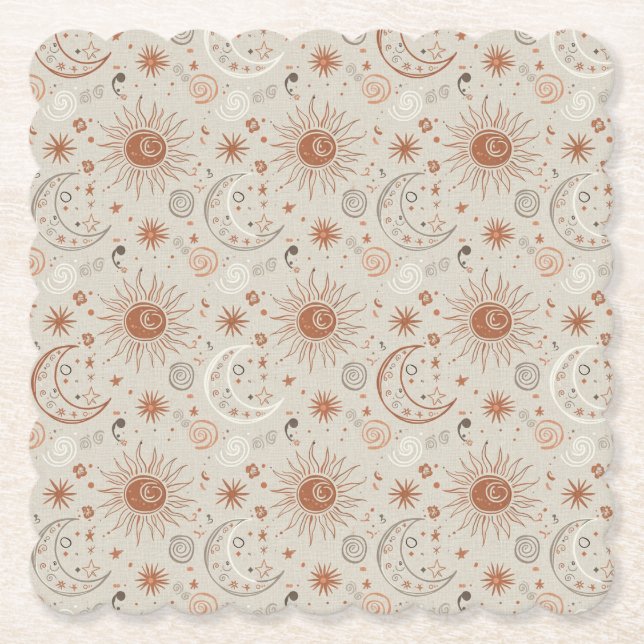 Boho Sun and Moon Pattern Paper Coaster (Front)