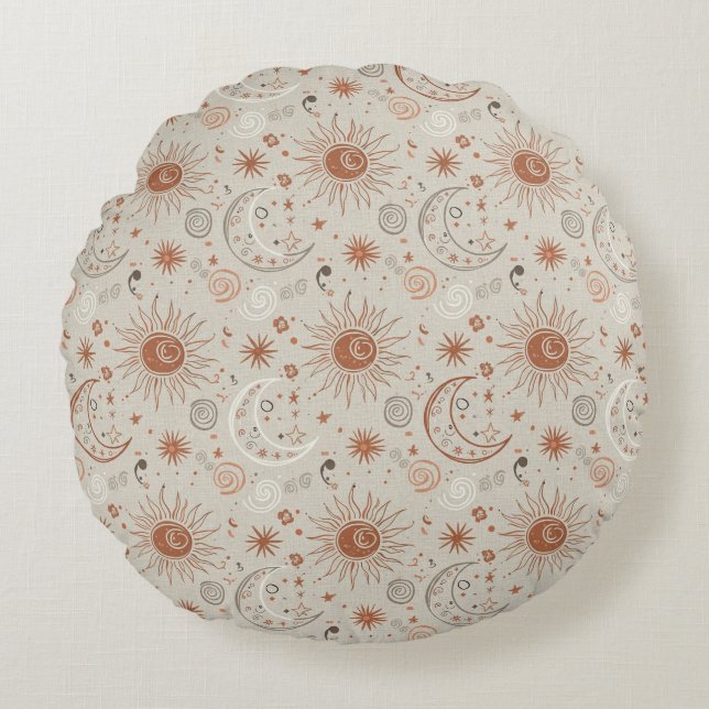 Boho Sun and Moon Pattern Round Pillow (Front)