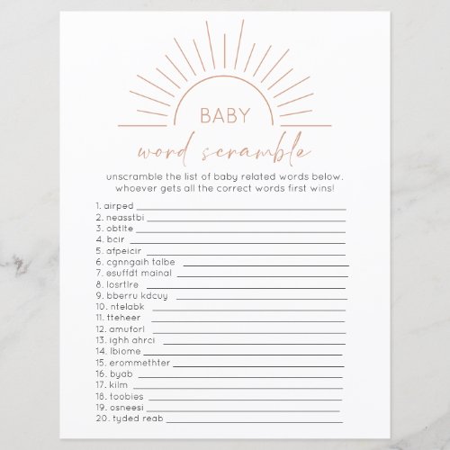 Boho Sun Baby Shower Word Scramble