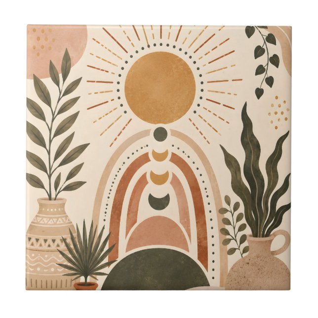 Boho Sun & Botanical Art Ceramic Tile (Front)