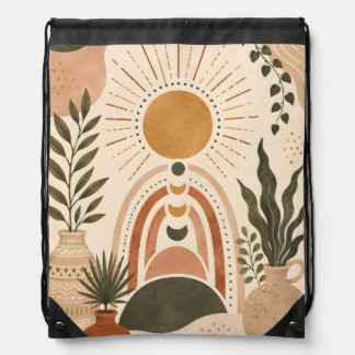 Boho Sun & Botanical Art Drawstring Bag