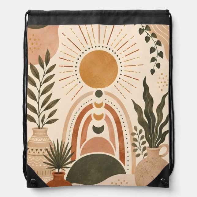 Boho Sun & Botanical Art Drawstring Bag (Front)
