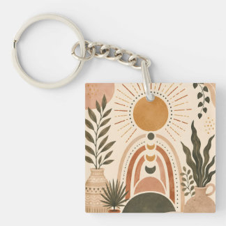 Boho Sun & Botanical Art Keychain