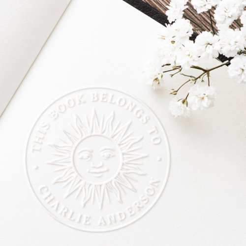 Boho sun character bookplate library book embosser