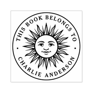 Boho sun character bookplate library book rubber stamp