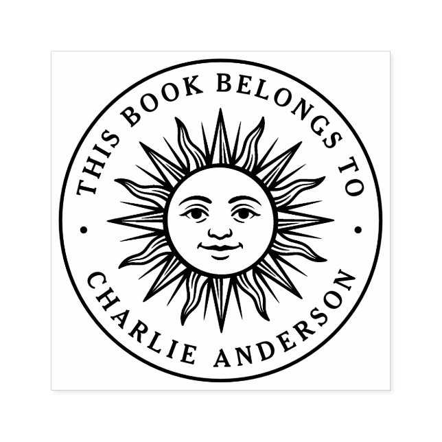 Boho sun character bookplate library book rubber stamp (Imprint)