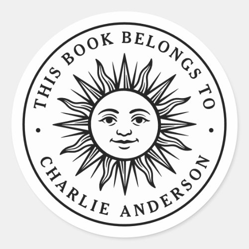 Boho sun character bookplate library book sticker