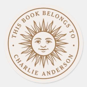 Boho sun character bookplate library book sticker