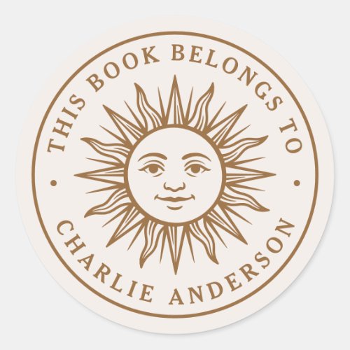 Boho sun character bookplate library book sticker