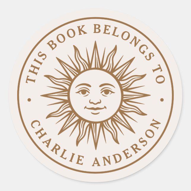 Boho sun character bookplate library book sticker (Front)