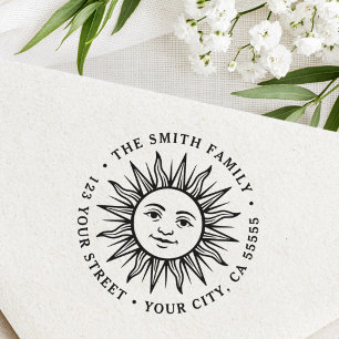 Boho sun character return address rubber stamp
