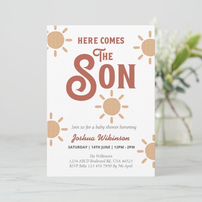 Boho Sun here comes the Son baby shower  Invitation (Standing Front)
