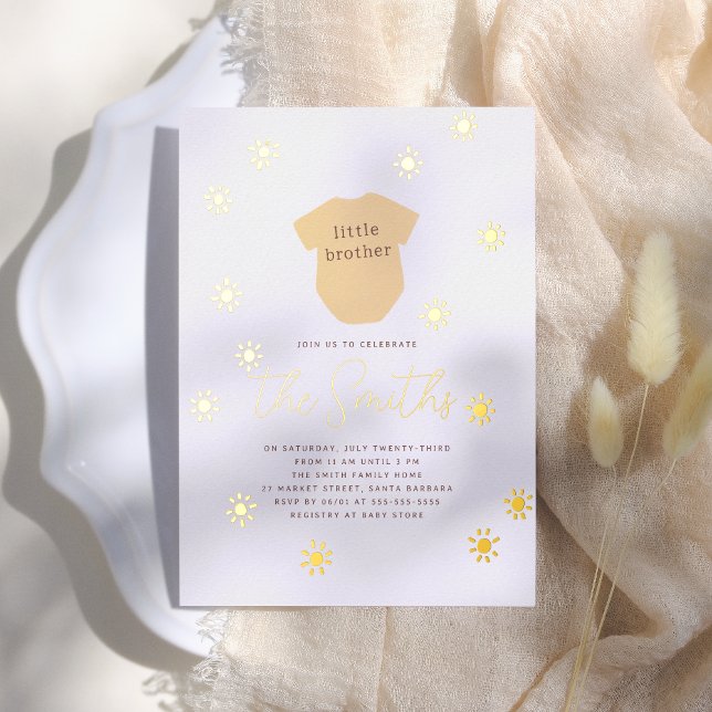 Boho Sun Little Brother Shiny Sunshine Baby Shower Foil Invitation (Creator Uploaded)