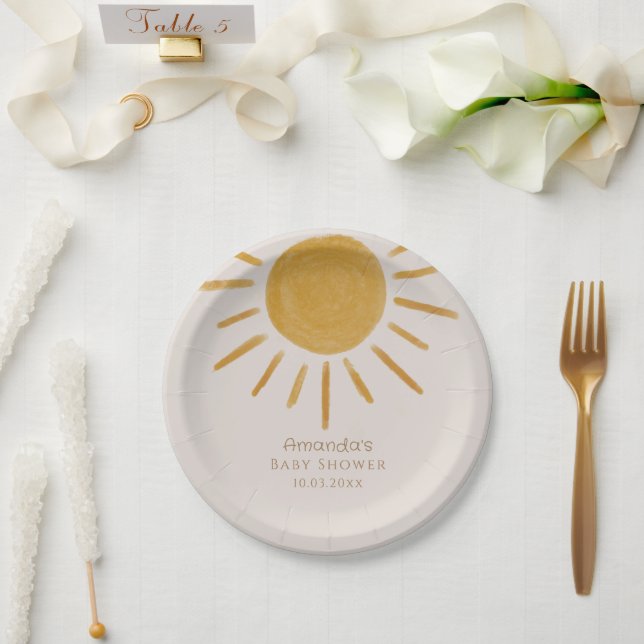 Boho Sun Minimalist Baby Shower Paper Plates (Wedding)