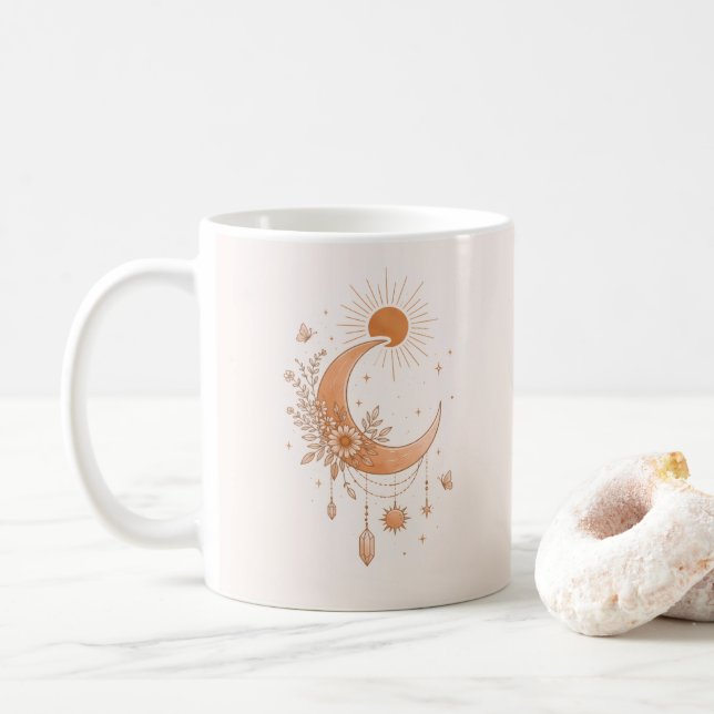 Boho Sun & Moon Floral Ceramic Mug (With Donut)
