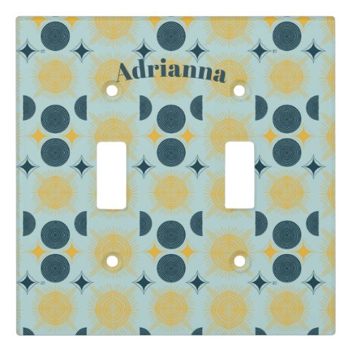 Boho Sun Moon Stars Baby Blue Yellow Personalized Light Switch Cover
