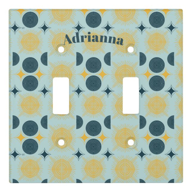 Boho Sun Moon Stars Baby Blue Yellow Personalized Light Switch Cover (Front)