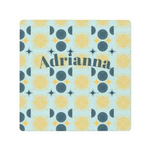 Boho Sun Moon Stars Baby Blue Yellow Personalized Metal Print