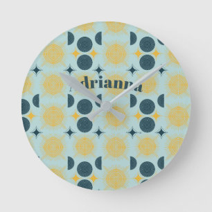 Boho Sun Moon Stars Baby Blue Yellow Personalized Round Clock