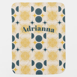 Boho Sun Moon Stars Blue Yellow Personalized Baby Blanket