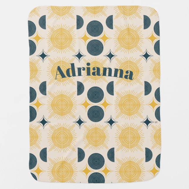Boho Sun Moon Stars Blue Yellow Personalized Baby Blanket (Front)
