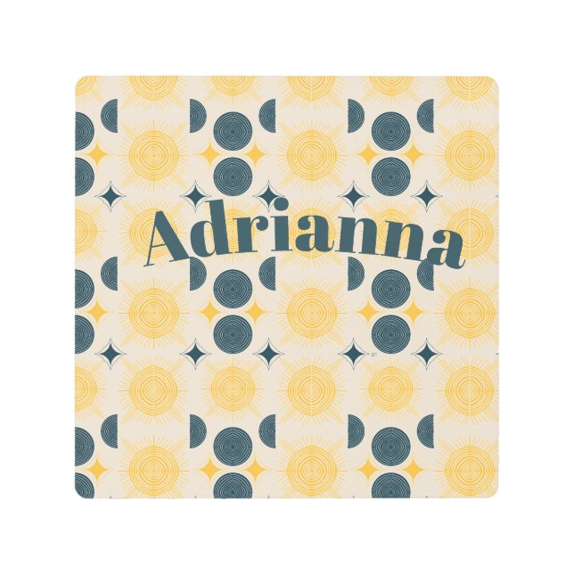 Boho Sun Moon Stars Blue Yellow Personalized Metal Print (Front)