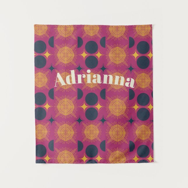 Boho Sun Moon Stars Pink Blue Yellow  Tapestry (Front)