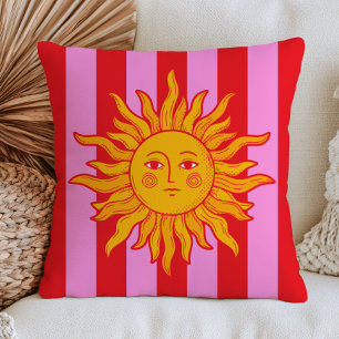 BOHO Sun on Red& Pink Stripes Retro Maximalist Throw Pillow
