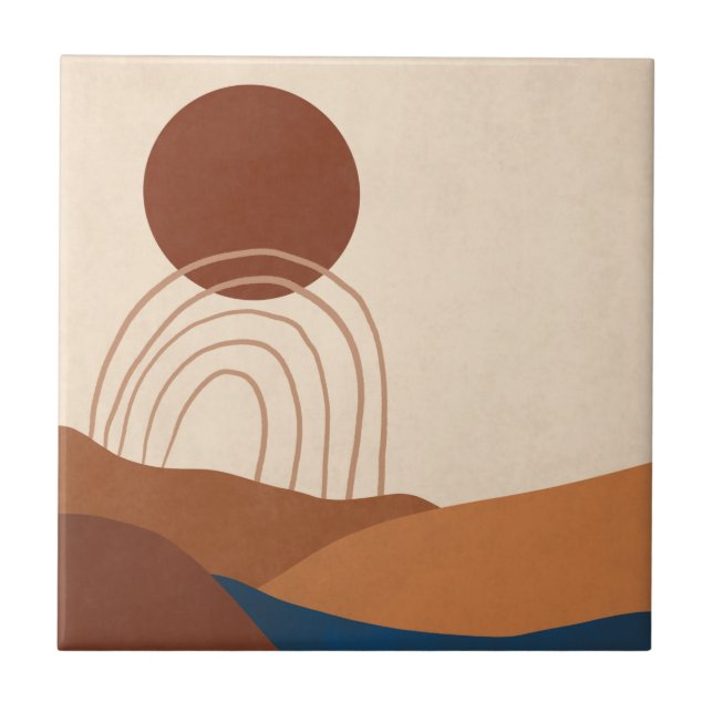 Boho Sun Rainbow Landscape Rust Tan Blue Brown Ceramic Tile (Front)