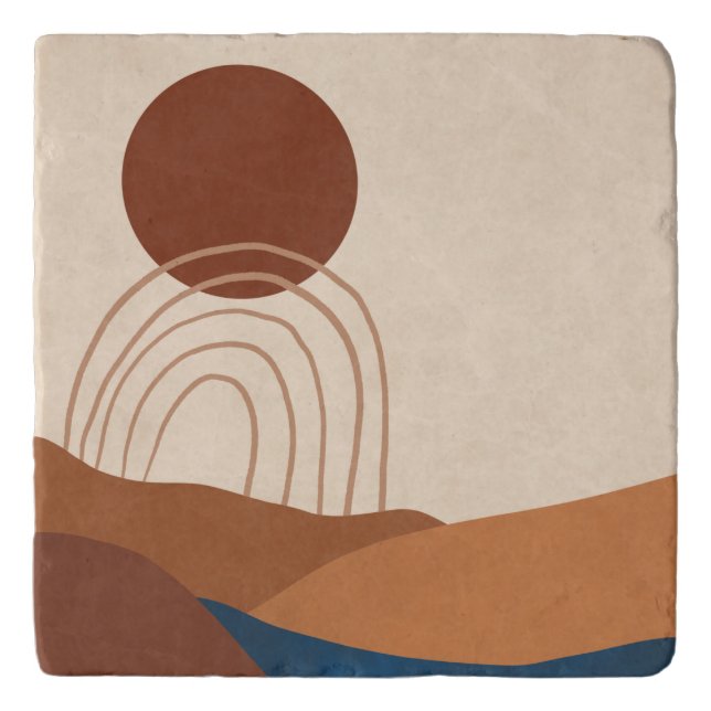 Boho Sun Rainbow Landscape Rust Tan Blue Brown  Trivet (Front)
