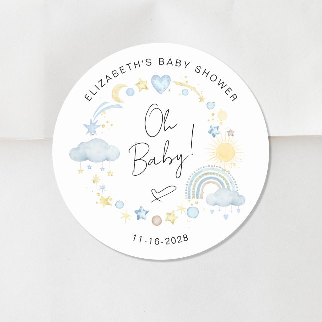 Boho Sun Rainbow Oh Baby Boy Shower Classic Round Sticker (Creator Uploaded)