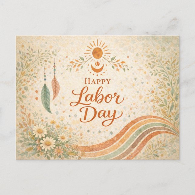 Boho Sun Wildflowers Happy Labor Day Holiday Postcard (Front)