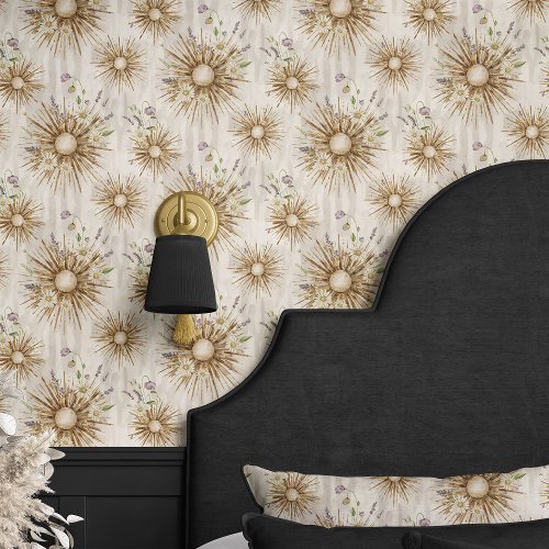 Boho Sunburst And Lavender Beige Floral Wallpaper