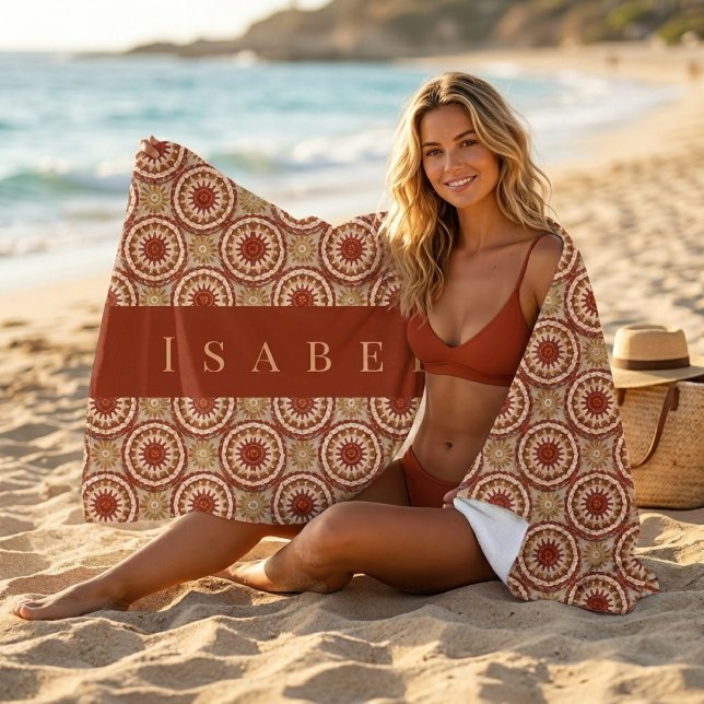 Boho Sunburst Crochet Pattern Terracotta Monogram Beach Towel (Creator Uploaded)