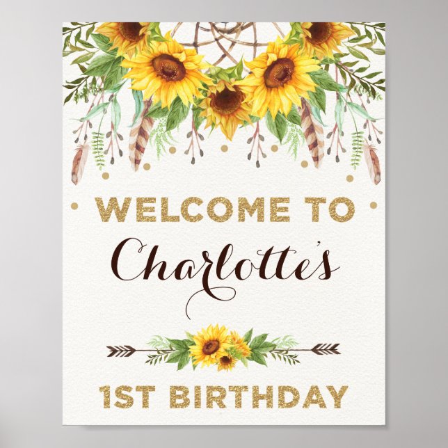 Boho Sunflower 1st Birthday Rustic Summer Welcome Poster (Front)