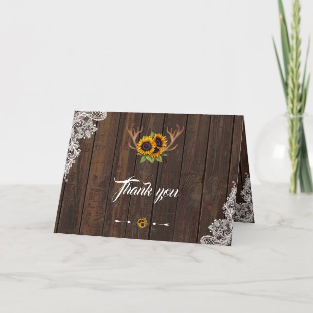 Boho Sunflower Antlers Wood Lace Wedding Thank you Card (Front)