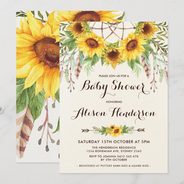 Boho Sunflower Baby Shower Summer Dreamcatcher Invitation (Front/Back)