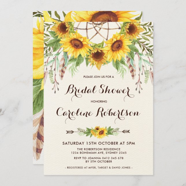 Boho Sunflower Bridal Shower Invitation Feathers (Front/Back)