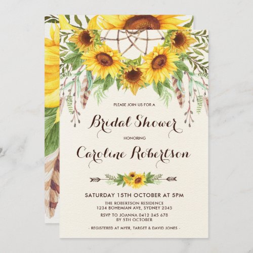 Boho Sunflower Bridal Shower Invitation Feathers