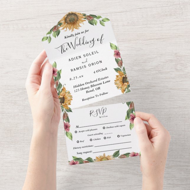 Boho Sunflower Complete RSVP Wedding All In One Invitation (Tearaway)