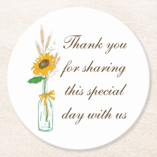 Boho Sunflower Country Wedding Yellow Floral Round Paper Coaster