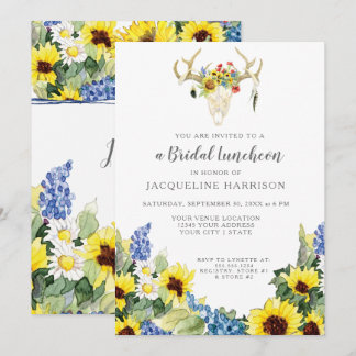 BOHO Sunflower Deer Skull Antlers Bridal Luncheon Invitation