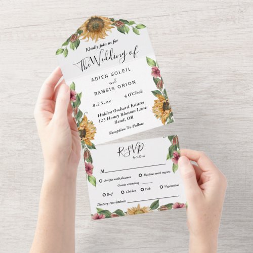 Boho Sunflower Dietary Restrictions RSVP Wedding All In One Invitation