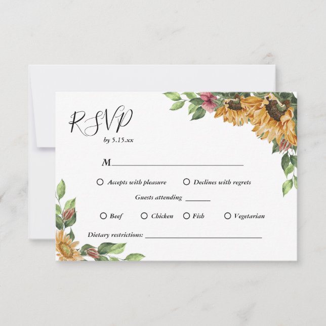 Boho Sunflower Dietary Restrictions Wedding RSVP Card (Front)